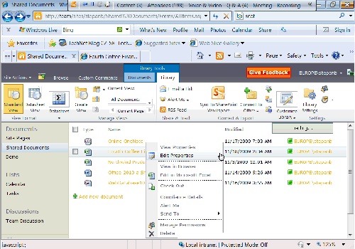 Obrazovka Microsoft Office SharePoint Server 2010