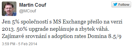 Jen 5% společností s MS Exchange přešlo na verzi 2013. 50% upgrade neplánuje a zbytek váhá. Zajímavé srovnání s adoption rates Domina 8.5/9